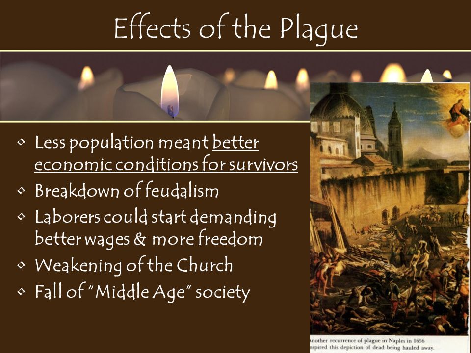 Effects of the Plague Less population meant better economic conditions for survivors Breakdown of feudalism Laborers could start demanding better wages & more freedom Weakening of the Church Fall of Middle Age society