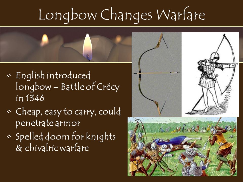 Longbow Changes Warfare English introduced longbow – Battle of Crécy in 1346 Cheap, easy to carry, could penetrate armor Spelled doom for knights & chivalric warfare