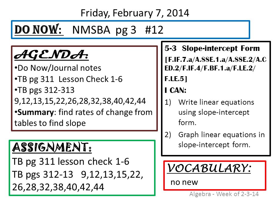 Friday, February 7, Slope-intercept Form [F.IF.7.a/A.SSE.1.a/A.SSE.2/A.C ED.2/F.IF.4/F.BF.1.a/F.LE.2/ F.LE.5] I CAN: 1)Write linear equations using slope-intercept form.