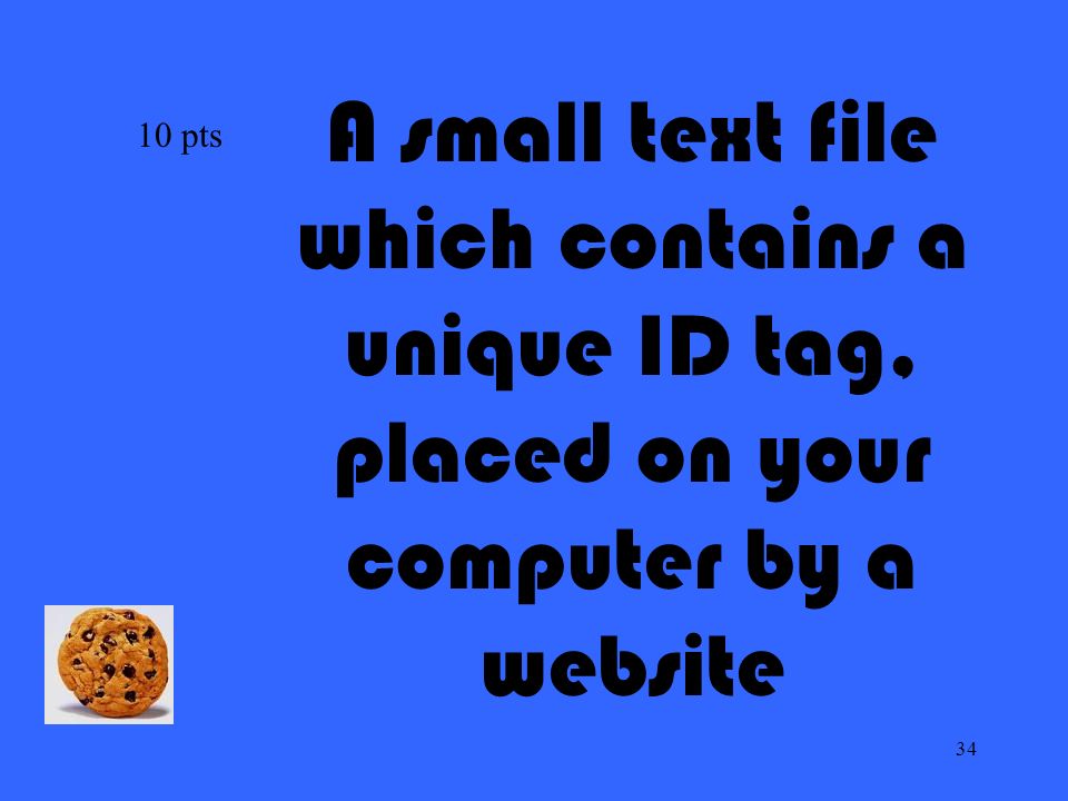 34 10 pts A small text file which contains a unique ID tag, placed on your computer by a website
