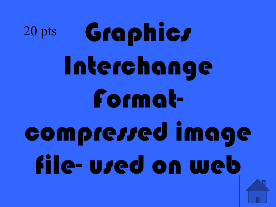 9 Graphics Interchange Format- compressed image file- used on web 20 pts