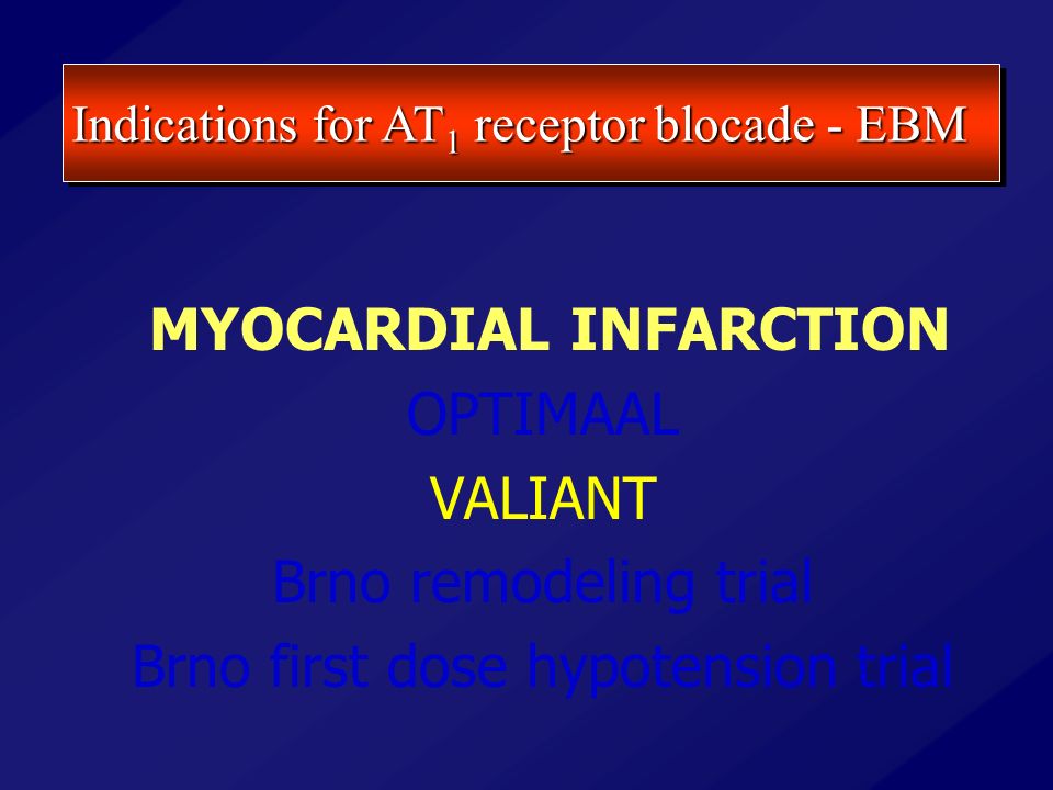 Indications for AT 1 receptor blocade - EBM MYOCARDIAL INFARCTION OPTIMAAL VALIANT Brno remodeling trial Brno first dose hypotension trial