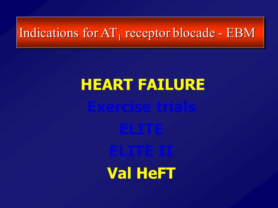 Indications for AT 1 receptor blocade - EBM HEART FAILURE Exercise trials ELITE ELITE II Val HeFT