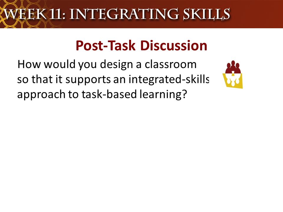 How would you design a classroom so that it supports an integrated-skills approach to task-based learning.