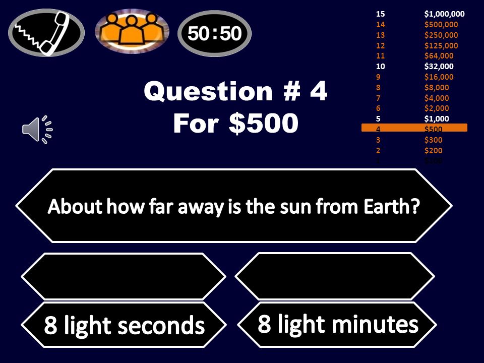 Question # 3 For $300 15$1,000,000 14$500,000 13$250,000 12$125,000 11$64,000 10$32,000 9$16,000 8$8,000 7$4,000 6$2,000 5$1,000 4$500 3$300 2$200 1$100