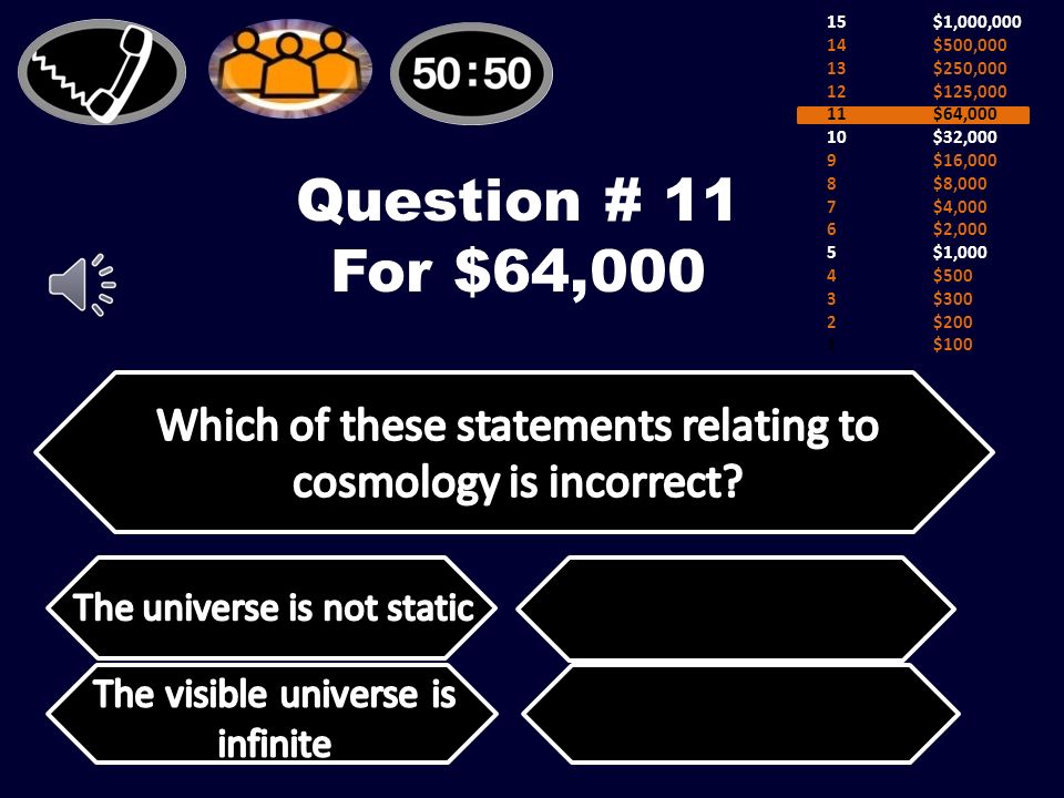 Question # 10 For $32,000 15$1,000,000 14$500,000 13$250,000 12$125,000 11$64,000 10$32,000 9$16,000 8$8,000 7$4,000 6$2,000 5$1,000 4$500 3$300 2$200 1$100