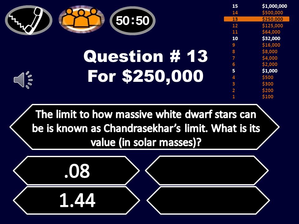 Question # 12 For $125,000 15$1,000,000 14$500,000 13$250,000 12$125,000 11$64,000 10$32,000 9$16,000 8$8,000 7$4,000 6$2,000 5$1,000 4$500 3$300 2$200 1$100