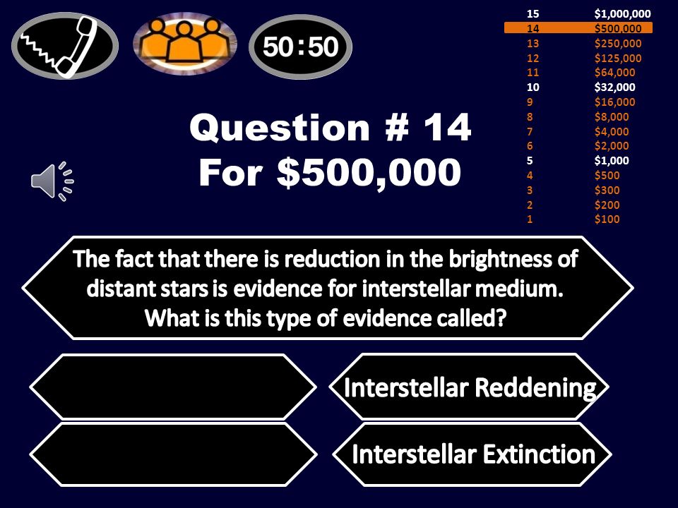 Question # 13 For $250,000 15$1,000,000 14$500,000 13$250,000 12$125,000 11$64,000 10$32,000 9$16,000 8$8,000 7$4,000 6$2,000 5$1,000 4$500 3$300 2$200 1$100