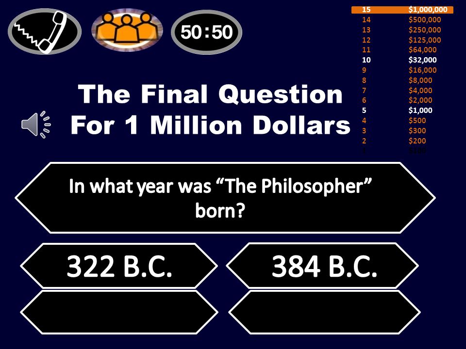 Question # 14 For $500,000 15$1,000,000 14$500,000 13$250,000 12$125,000 11$64,000 10$32,000 9$16,000 8$8,000 7$4,000 6$2,000 5$1,000 4$500 3$300 2$200 1$100