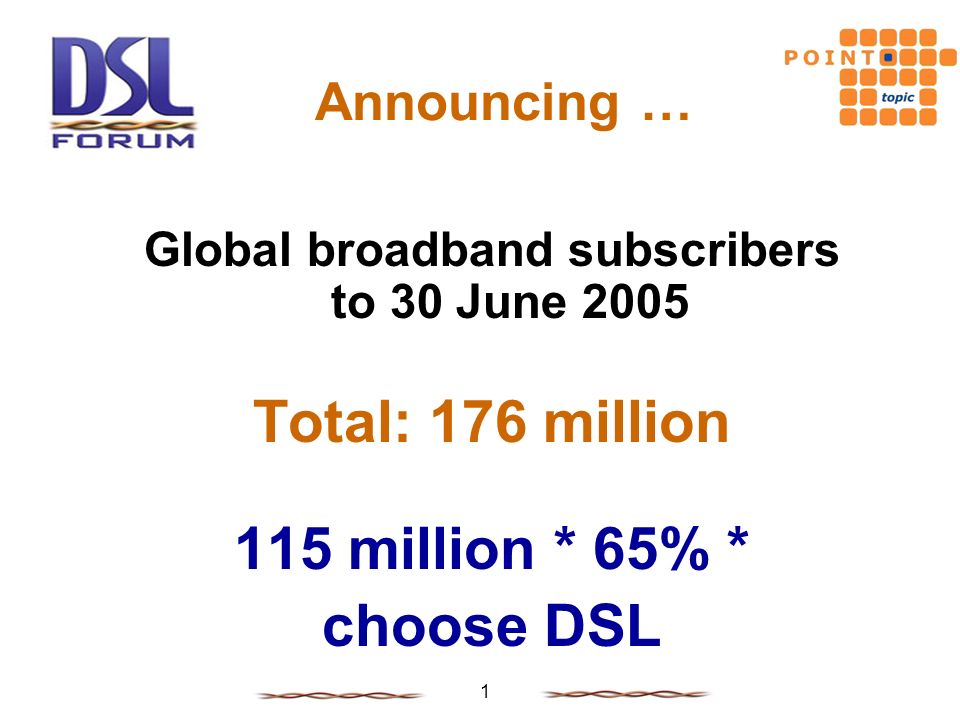 1 Announcing … Global broadband subscribers to 30 June 2005 Total: 176 million 115 million * 65% * choose DSL