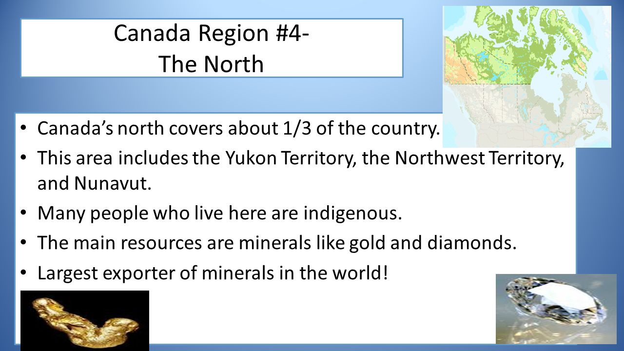 Canada Region #4- The North Canada’s north covers about 1/3 of the country.