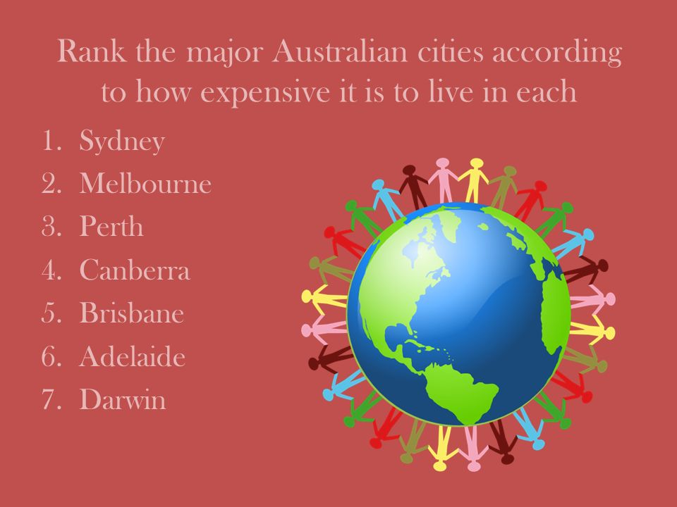 Rank the major Australian cities according to how expensive it is to live in each 1.Sydney 2.Melbourne 3.Perth 4.Canberra 5.Brisbane 6.Adelaide 7.Darwin