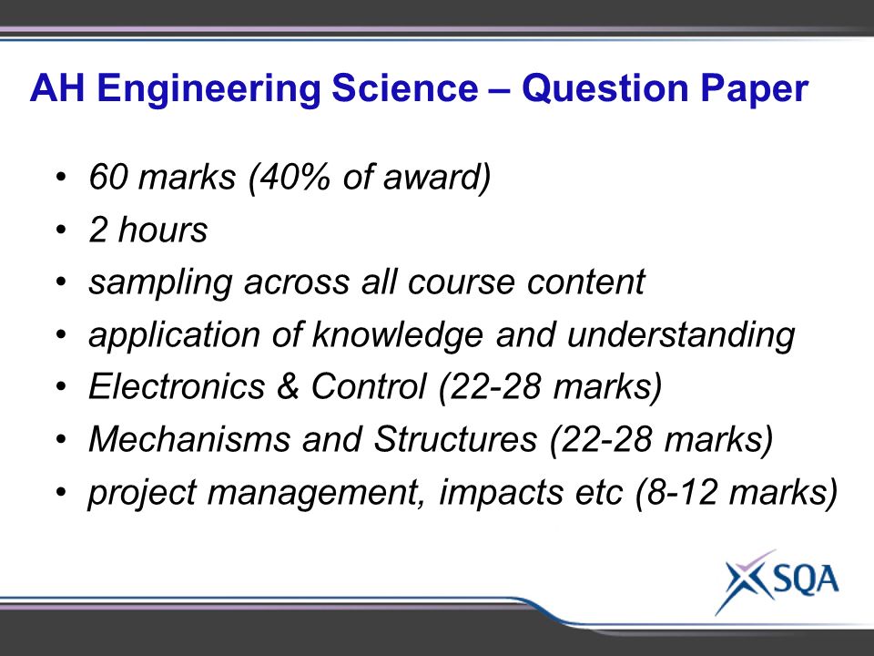AH Engineering Science – Question Paper 60 marks (40% of award) 2 hours sampling across all course content application of knowledge and understanding Electronics & Control (22-28 marks) Mechanisms and Structures (22-28 marks) project management, impacts etc (8-12 marks)