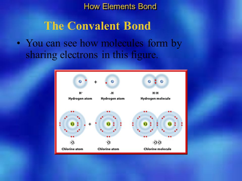 The Convalent Bond How Elements Bond You can see how molecules form by sharing electrons in this figure.