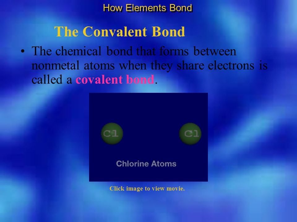 The Convalent Bond The chemical bond that forms between nonmetal atoms when they share electrons is called a covalent bond.