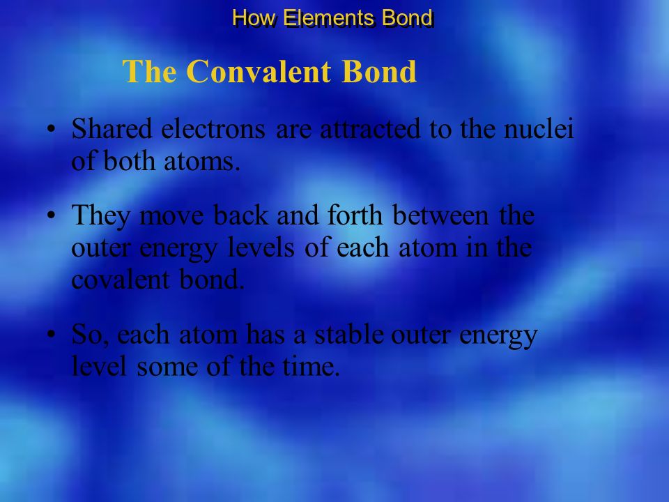 The Convalent Bond Shared electrons are attracted to the nuclei of both atoms.