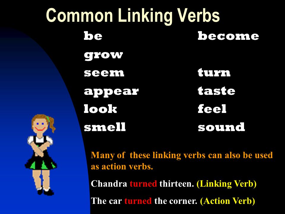 Common Linking Verbs bebecome grow seemturn appear taste lookfeel smellsound Many of these linking verbs can also be used as action verbs.
