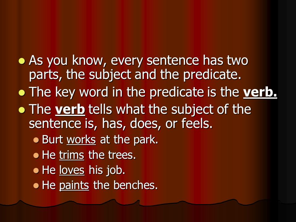 As you know, every sentence has two parts, the subject and the predicate.