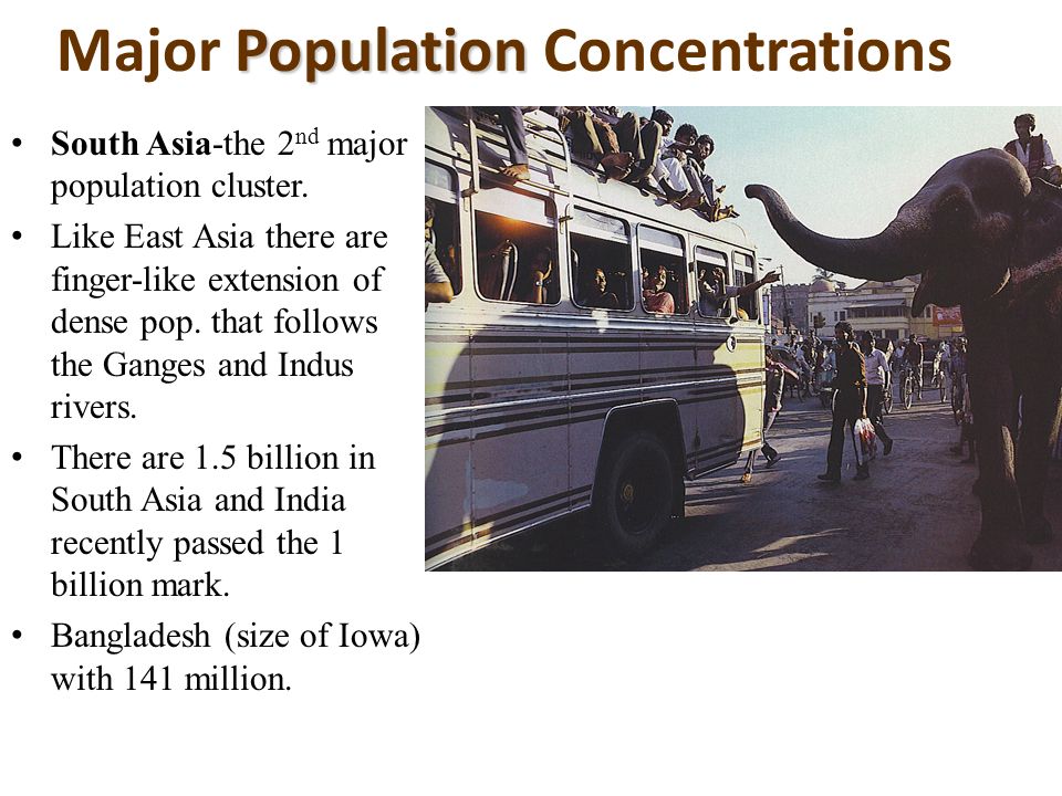Population Major Population Concentrations South Asia-the 2 nd major population cluster.