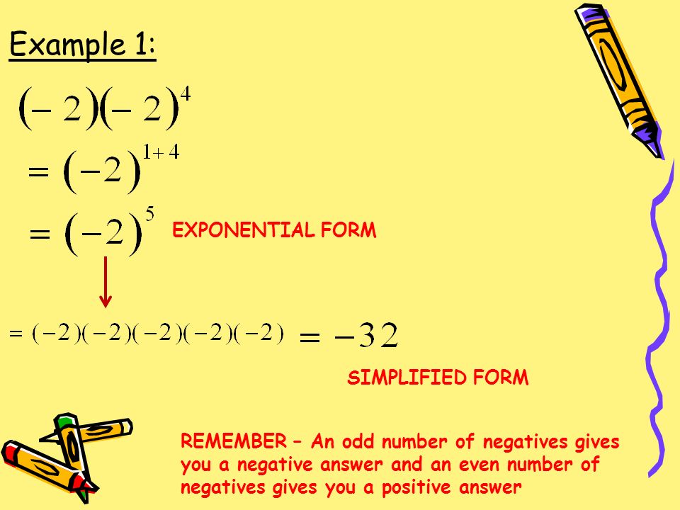 Example 1: EXPONENTIAL FORM SIMPLIFIED FORM REMEMBER – An odd number of negatives gives you a negative answer and an even number of negatives gives you a positive answer