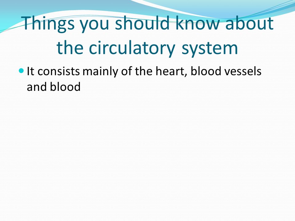 Things you should know about the circulatory system It consists mainly of the heart, blood vessels and blood