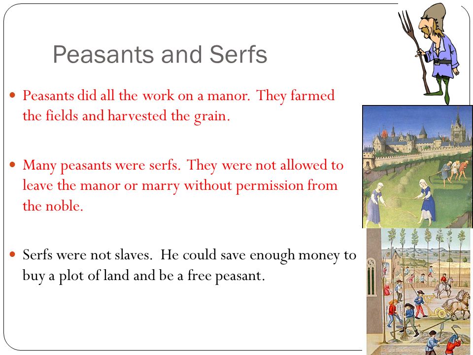 Peasants and Serfs Peasants did all the work on a manor.