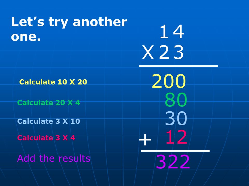 Calculate 10 X X 23 Calculate 20 X Calculate 3 X 10 Calculate 3 X 4 + Add the results 322 Let’s try another one.