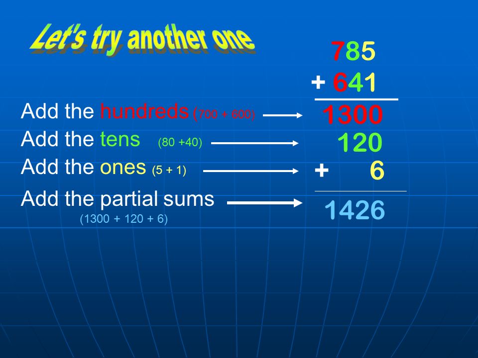 Add the hundreds ( ) Add the tens (80 +40) 120 Add the ones (5 + 1) Add the partial sums ( )