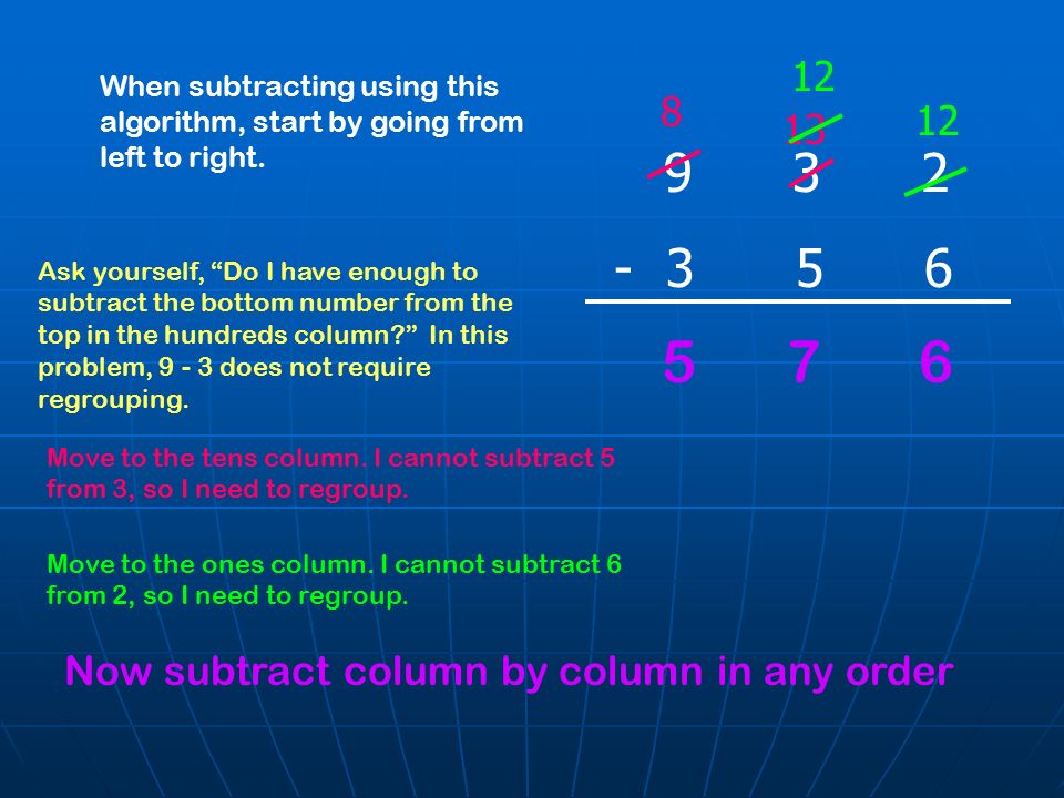 When subtracting using this algorithm, start by going from left to right.