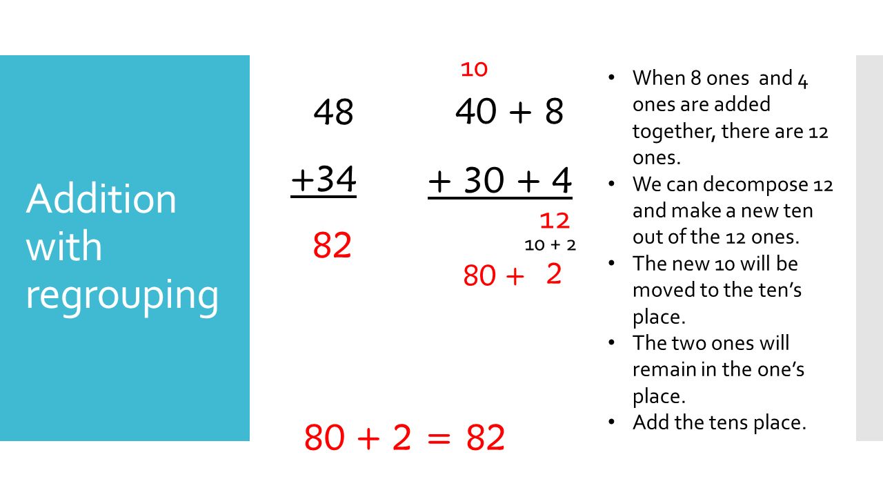 Addition with regrouping When 8 ones and 4 ones are added together, there are 12 ones.