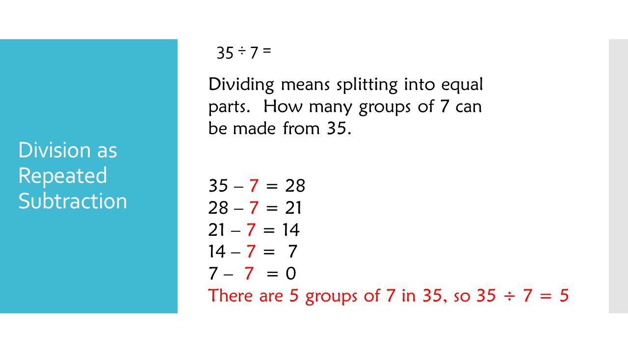 Division as Repeated Subtraction 35 ÷ 7 = Dividing means splitting into equal parts.