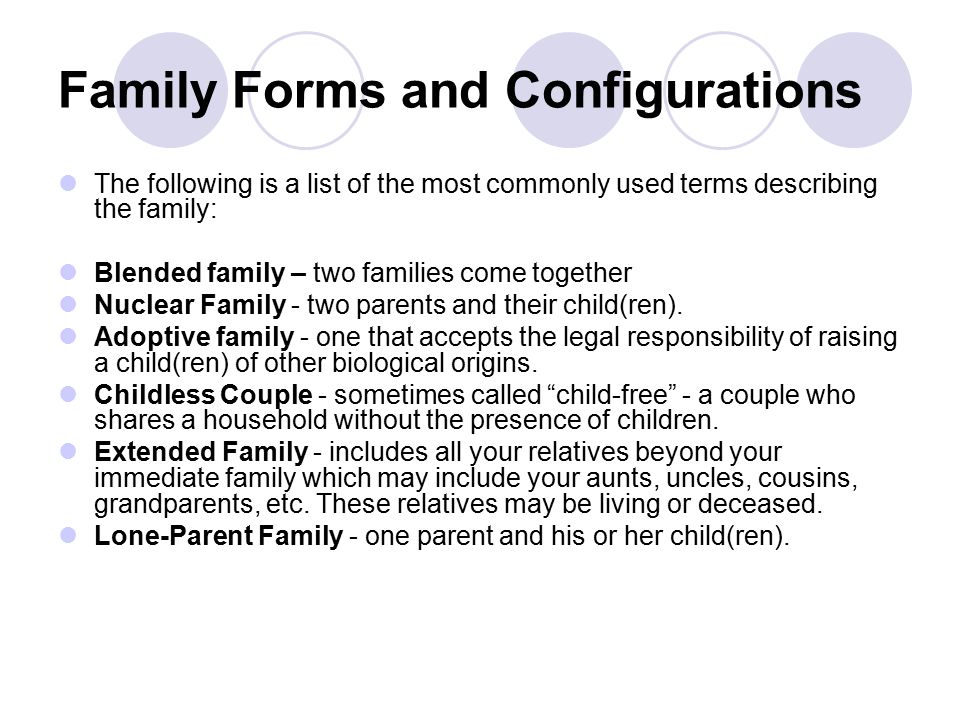 Family Forms and Configurations The following is a list of the most commonly used terms describing the family: Blended family – two families come together Nuclear Family - two parents and their child(ren).