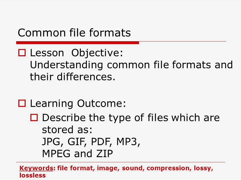 Common file formats  Lesson Objective: Understanding common file formats and their differences.