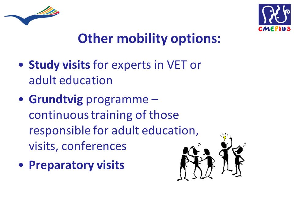 Other mobility options: Study visits for experts in VET or adult education Grundtvig programme – continuous training of those responsible for adult education, visits, conferences Preparatory visits