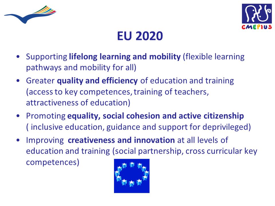 EU 2020 Supporting lifelong learning and mobility (flexible learning pathways and mobility for all) Greater quality and efficiency of education and training (access to key competences, training of teachers, attractiveness of education) Promoting equality, social cohesion and active citizenship ( inclusive education, guidance and support for deprivileged) Improving creativeness and innovation at all levels of education and training (social partnership, cross curricular key competences)