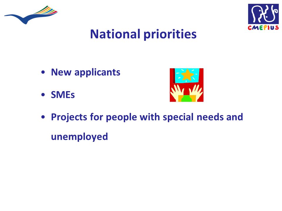 National priorities New applicants SMEs Projects for people with special needs and unemployed
