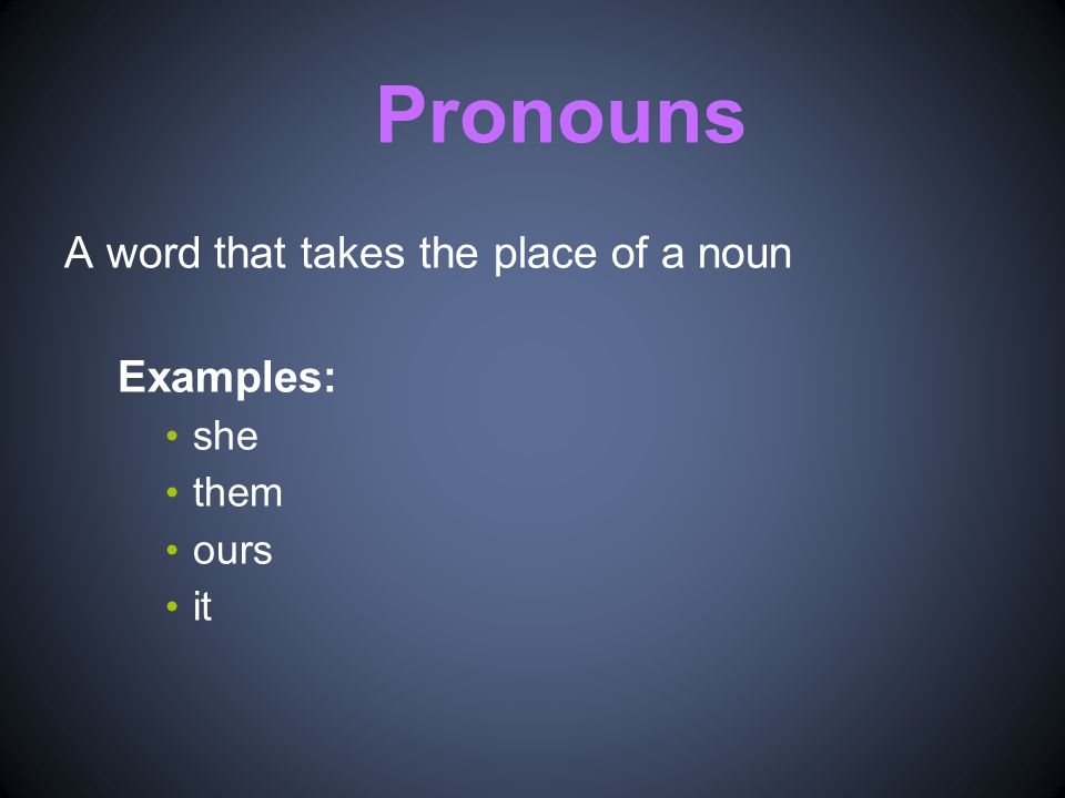 Pronouns A word that takes the place of a noun Examples: she them ours it