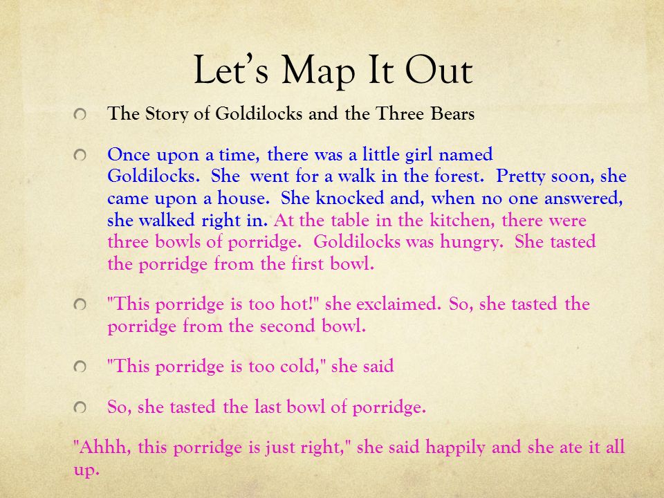 Let’s Map It Out The Story of Goldilocks and the Three Bears Once upon a time, there was a little girl named Goldilocks.