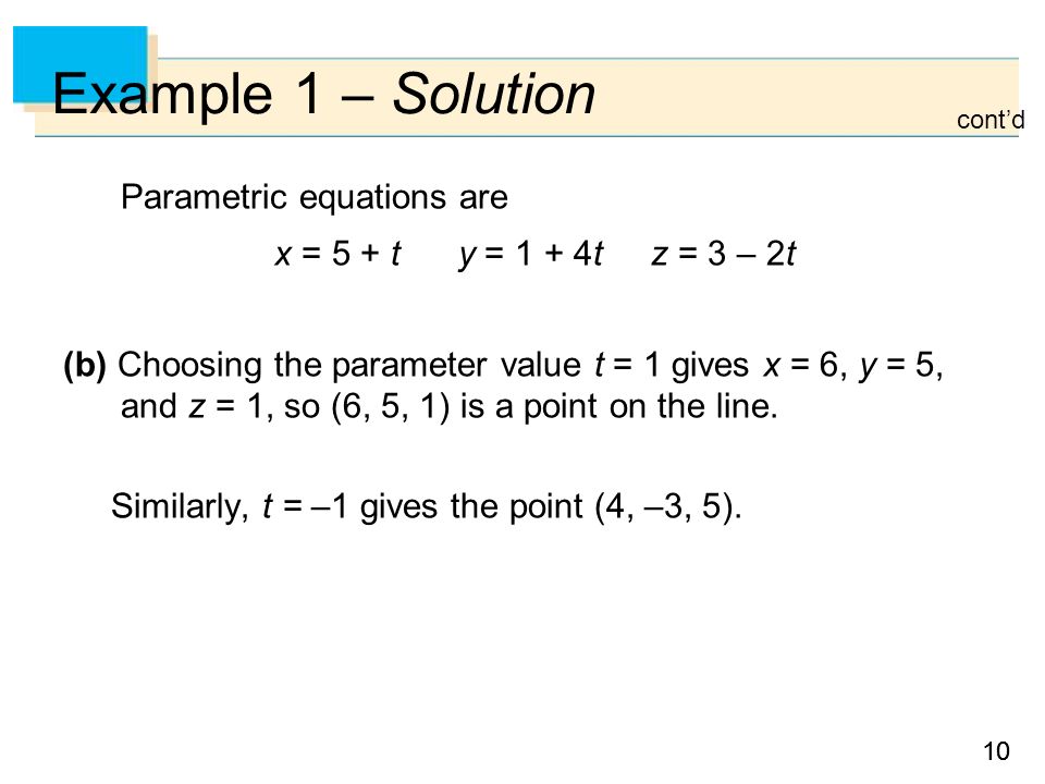 Copyright Cene Learning All Rights Reserved 12 Vectors And 10 Example 1 Solution Parametric Equations Are X 5 T Y