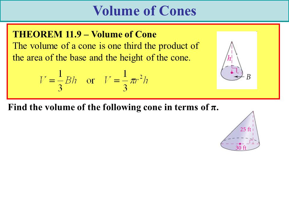 Volume of Cones THEOREM 11.9 – Volume of Cone The volume of a cone is one third the product of the area of the base and the height of the cone.