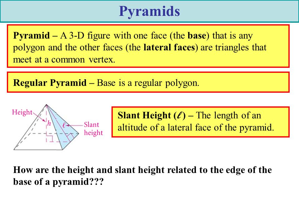 Pyramids Pyramid – A 3-D figure with one face (the base) that is any polygon and the other faces (the lateral faces) are triangles that meet at a common vertex.