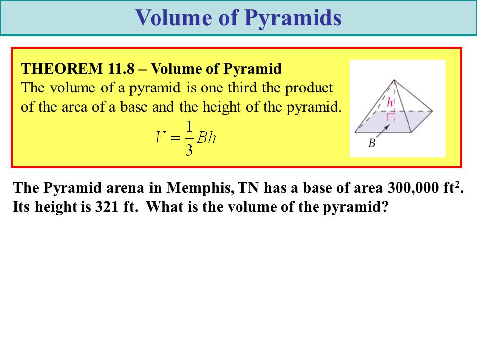 Volume of Pyramids THEOREM 11.8 – Volume of Pyramid The volume of a pyramid is one third the product of the area of a base and the height of the pyramid.