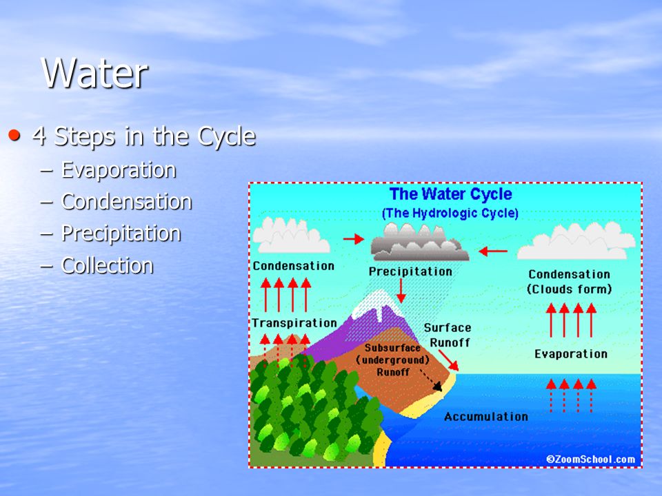 Water 4 Steps in the Cycle 4 Steps in the Cycle –Evaporation –Condensation –Precipitation –Collection