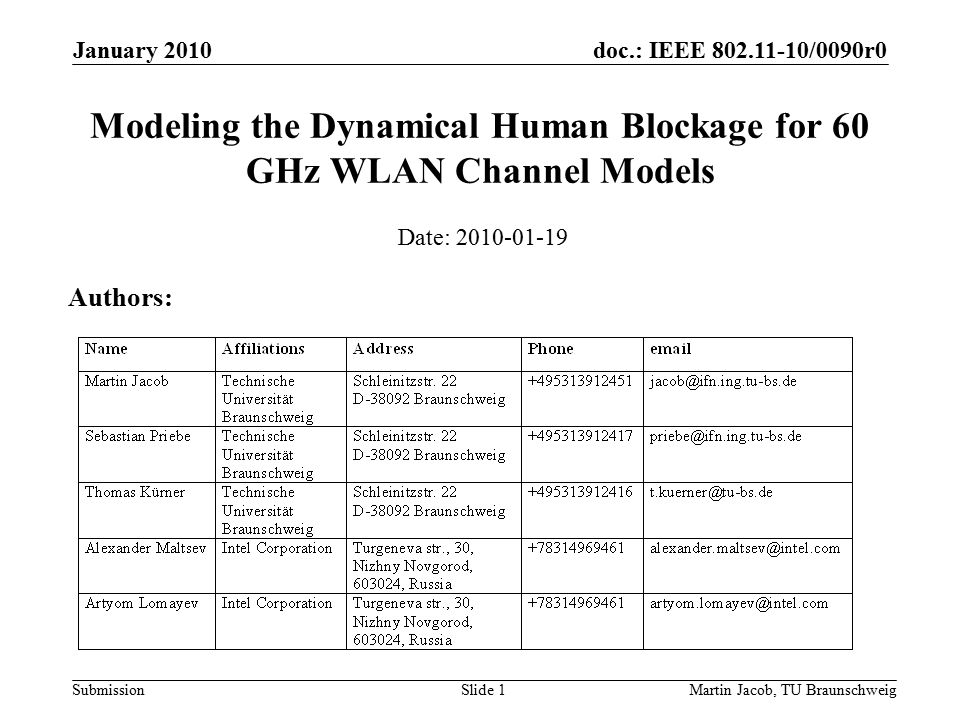 doc.: IEEE /0090r0 SubmissionMartin Jacob, TU Braunschweig January 2010 Slide 1 Modeling the Dynamical Human Blockage for 60 GHz WLAN Channel Models Date: Authors: