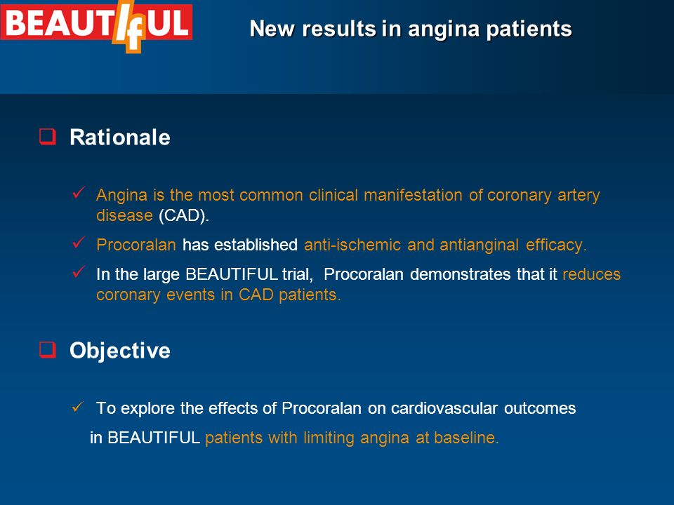 Rationale Angina is the most common clinical manifestation of coronary artery disease (CAD).