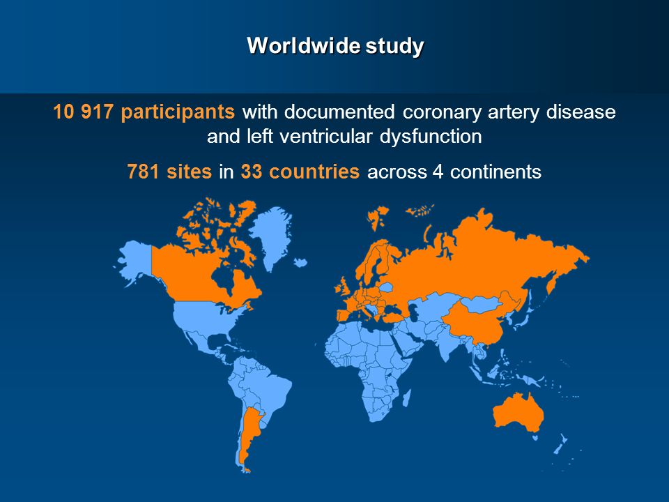 Worldwide study participants with documented coronary artery disease and left ventricular dysfunction 781 sites in 33 countries across 4 continents