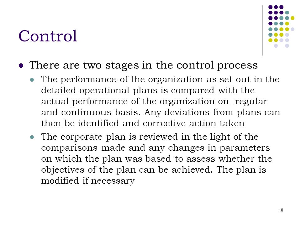 10 Control There are two stages in the control process The performance of the organization as set out in the detailed operational plans is compared with the actual performance of the organization on regular and continuous basis.