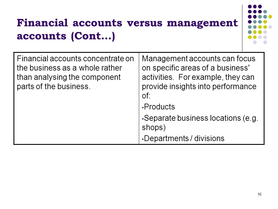 16 Financial accounts versus management accounts (Cont…) Financial accounts concentrate on the business as a whole rather than analysing the component parts of the business.
