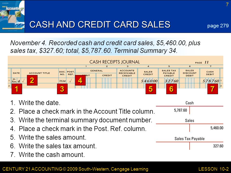 CENTURY 21 ACCOUNTING © 2009 South-Western, Cengage Learning 7 LESSON 10-2 CASH AND CREDIT CARD SALES page 279 November 4.