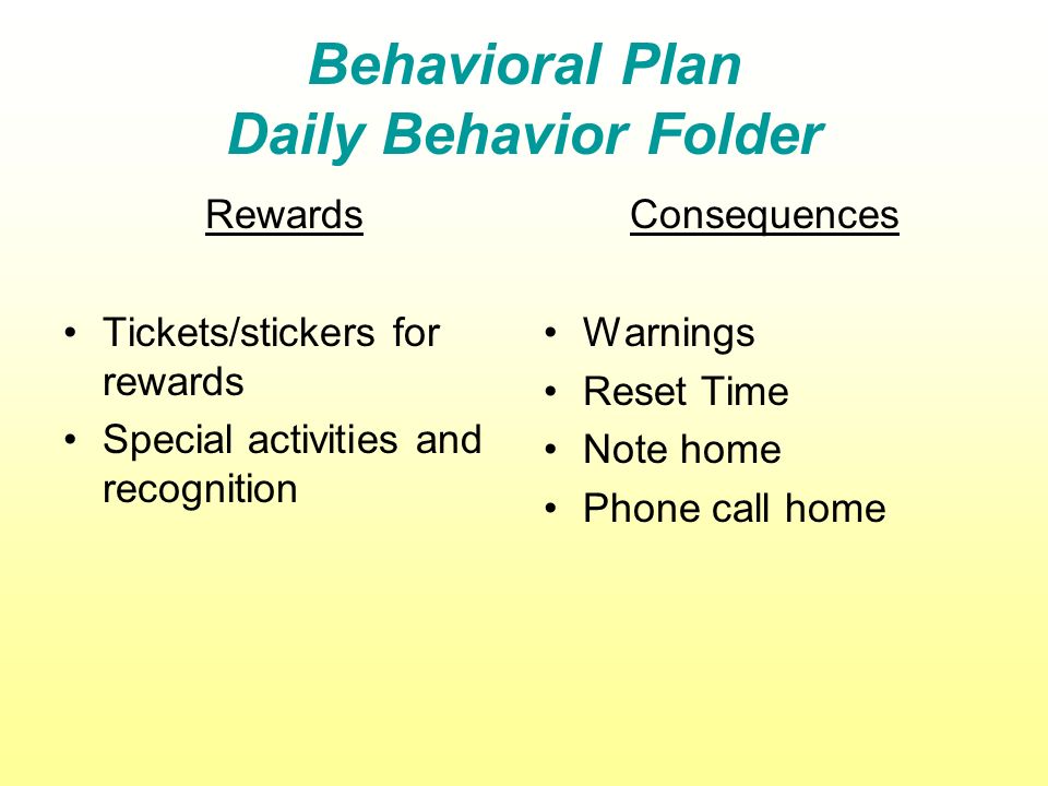 Behavioral Plan Daily Behavior Folder Rewards Tickets/stickers for rewards Special activities and recognition Consequences Warnings Reset Time Note home Phone call home